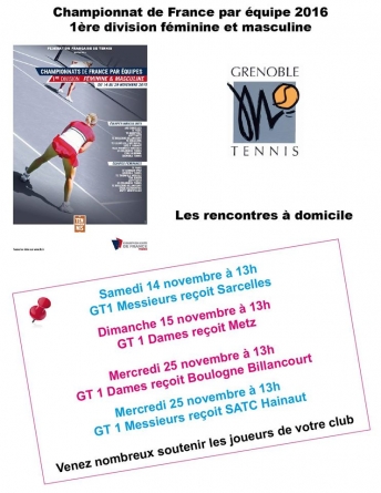 Tennis – Championnat de France 1ère division Dames et Messieurs : le programme de Grenoble